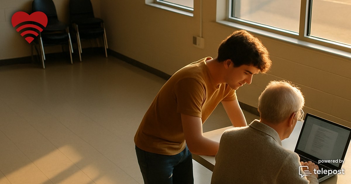 A teenager and an older resident sitting together at a laptop in a bright community center room, seen from a high angle with the empty floor and chairs falling away in the foreground.