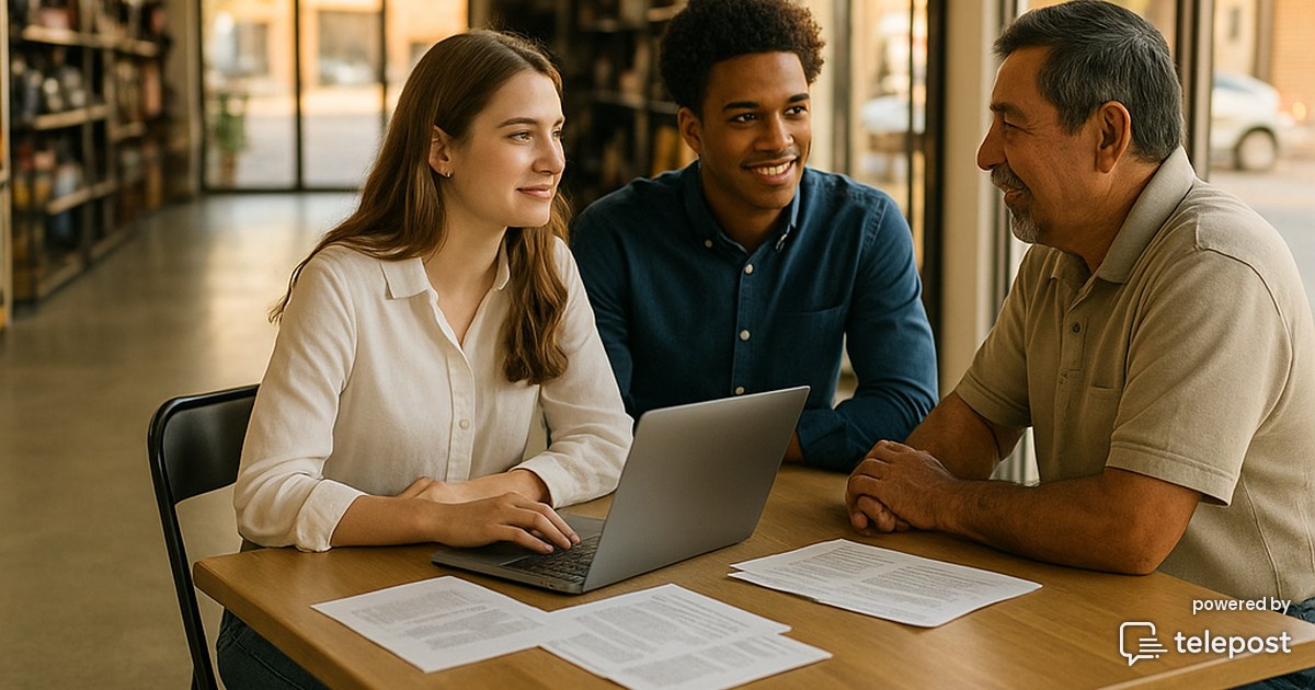 Two university students sit across a table from a small business owner in the back of a family-run shop, laptops open and notes spread out, afternoon light coming through the front windows.
