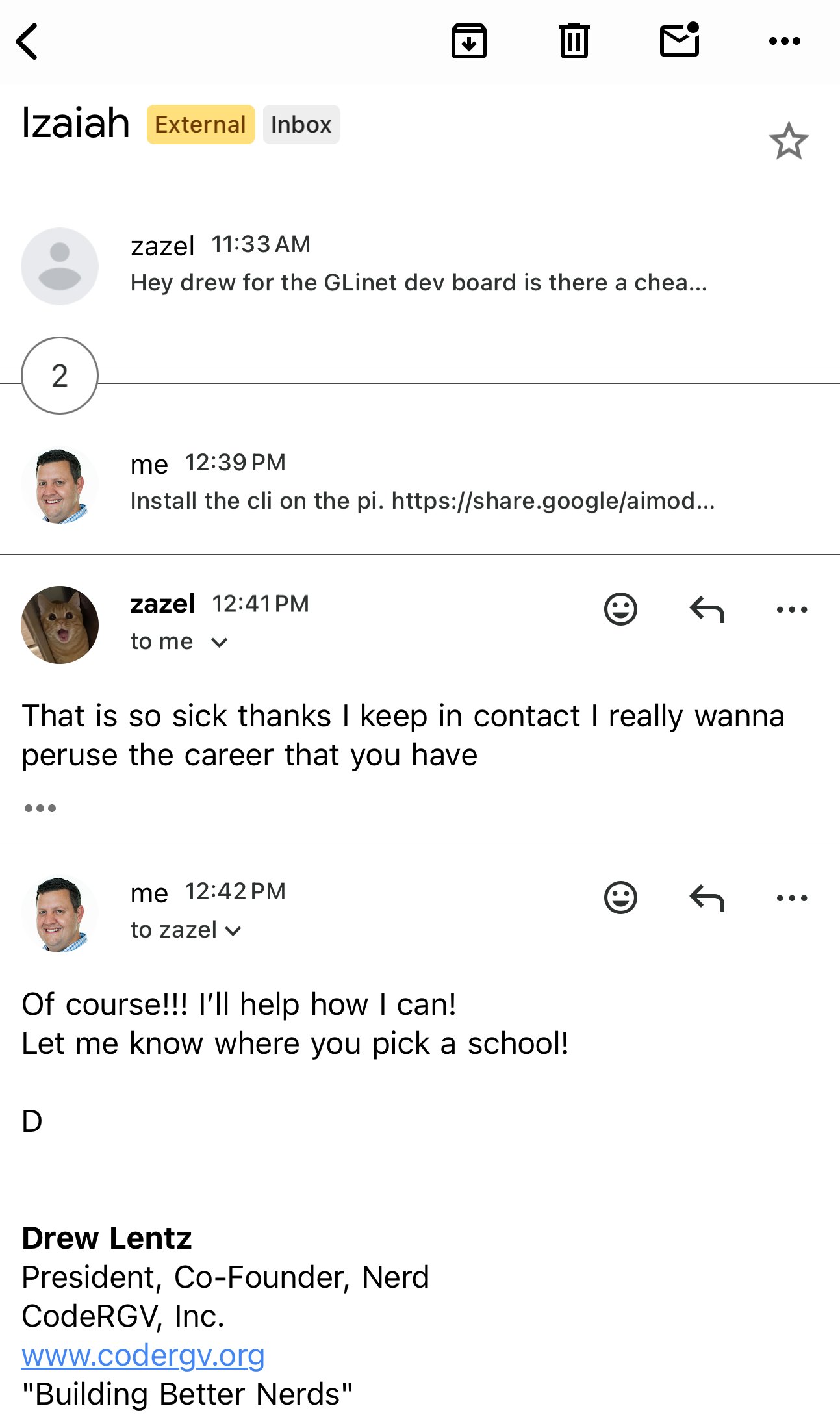 Screenshot of an email thread titled "Izaiah," where zazel thanks Drew for help and says they want to pursue his career, and Drew replies offering support.