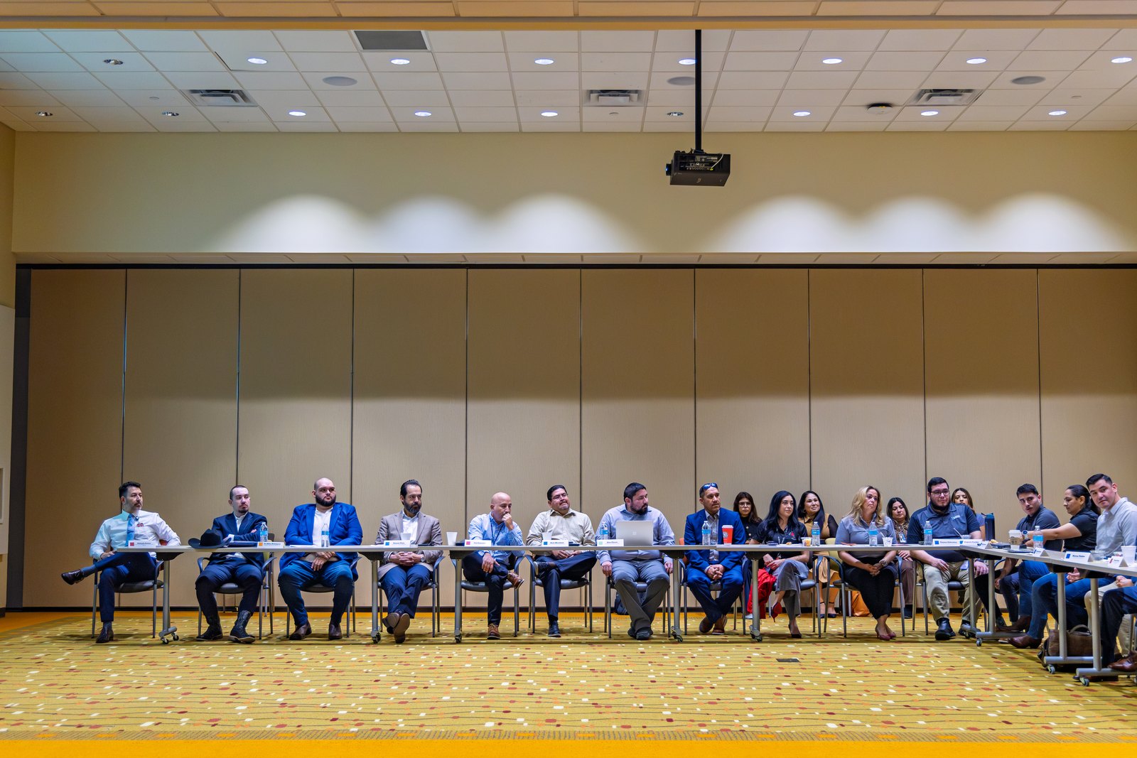 A long row of about twenty seated people in business attire sits behind tables with name cards in a large conference room with patterned carpet.