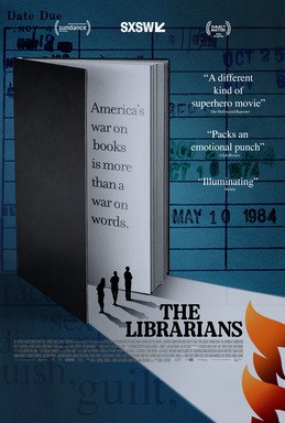 Movie poster for "The Librarians" showing a giant open book as a glowing doorway with three small silhouetted figures approaching, set against a library date-due card background with festival laurels and review quotes.
