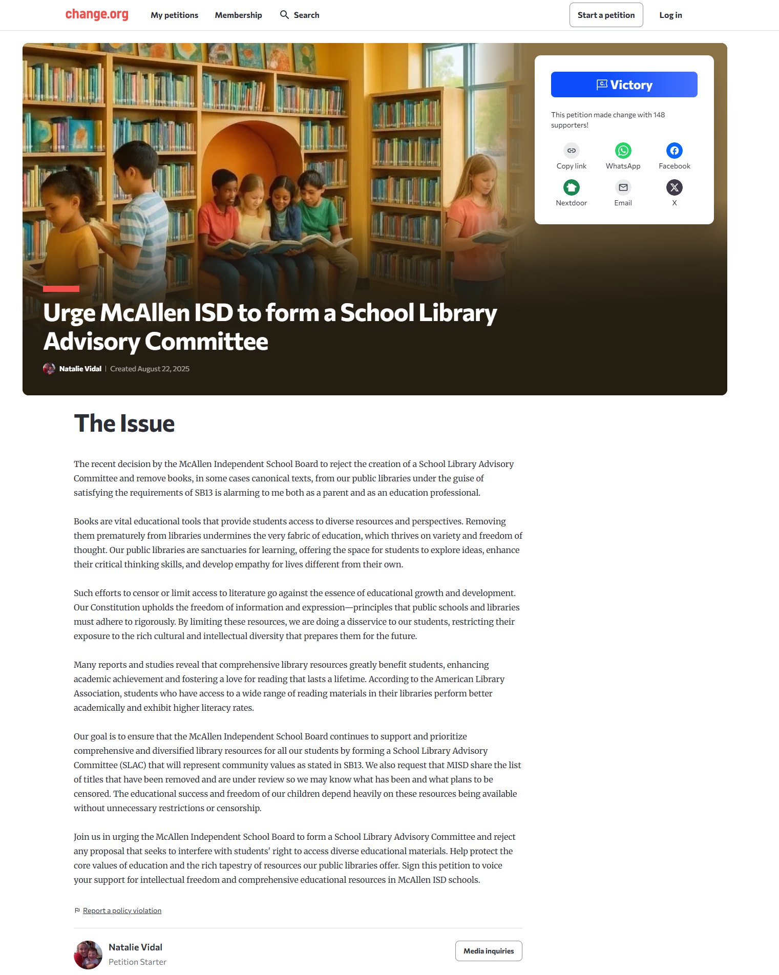 Change.org petition page titled "Urge McAllen ISD to form a School Library Advisory Committee," with a header photo of children reading among library shelves.
