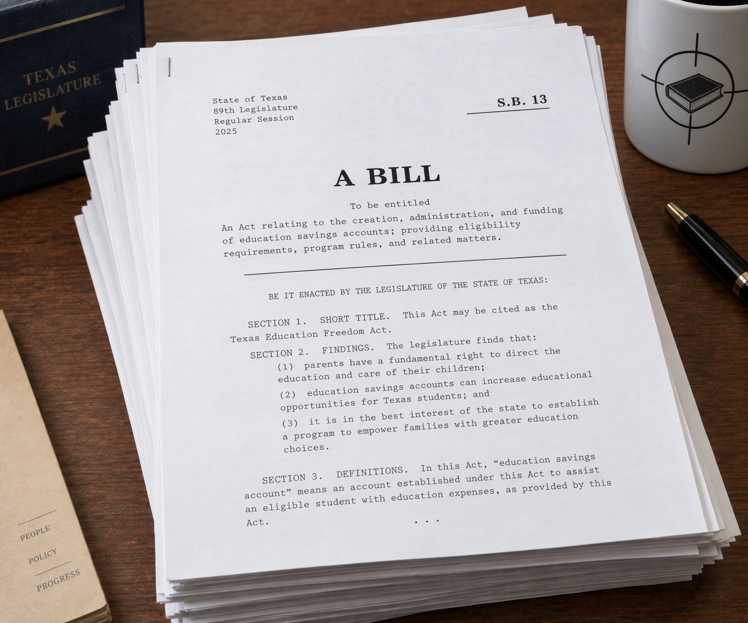 Stack of printed Texas S.B. 13 bill pages titled "A Bill" on a wooden desk beside a law book, coffee mug, pen, and folder.