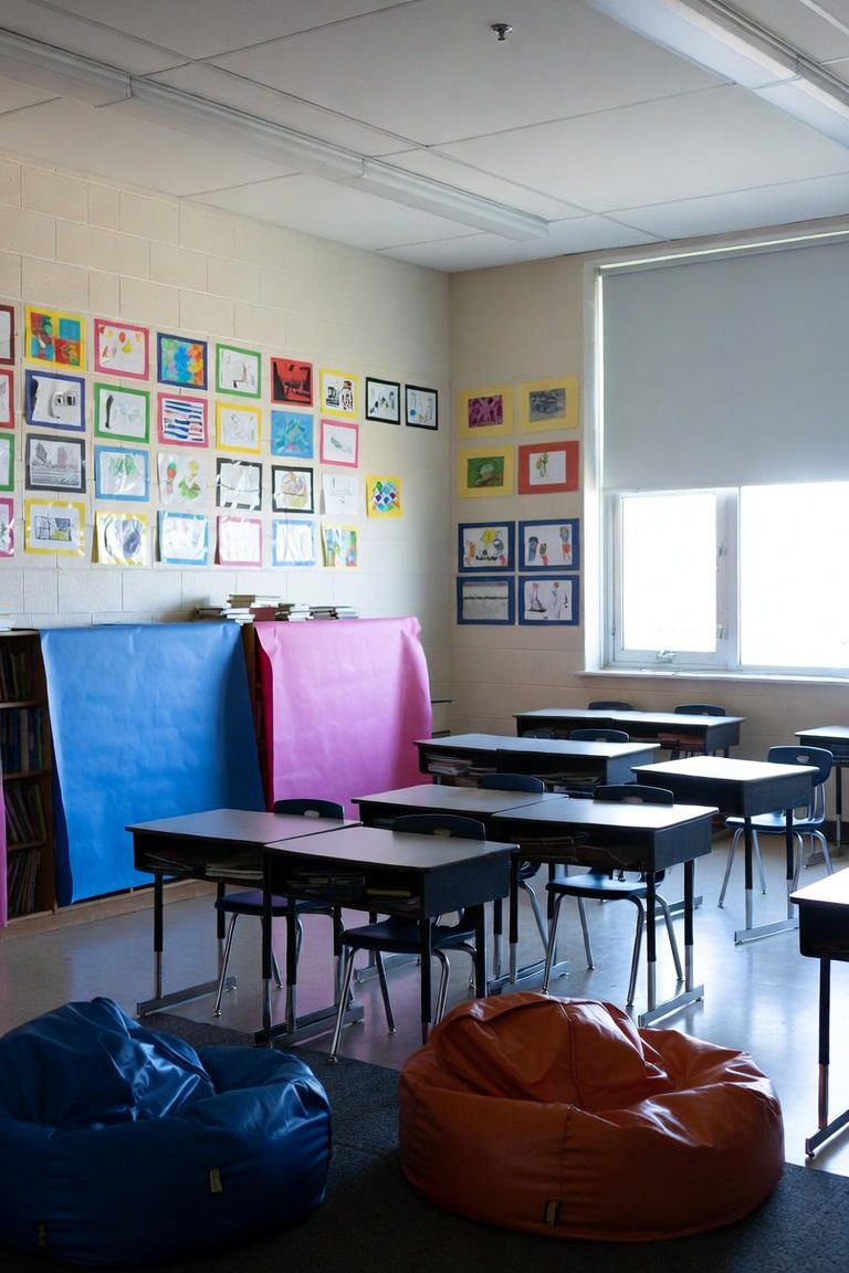 Empty classroom with student desks, blue and orange beanbag chairs, children's artwork covering the wall, and a shaded window on the right.